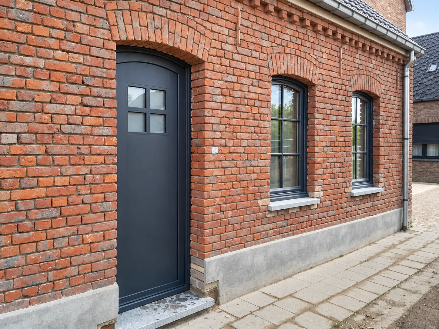 Porte d’entrée anthracite et fenêtres dans une façade en briques